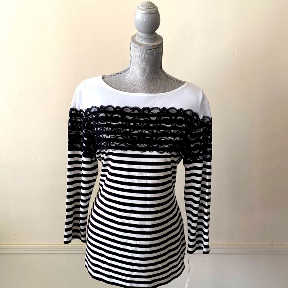 JOSEPH RIBKOFF LACE DETAIL🖤BLACK & WHITE🤍STRIPED WOMEN TOP PLUS SIZE 16🌟NWT🌟